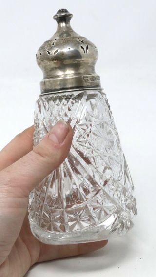 A Large Antique Sterling Silver 925 Top Cut Glass Sugar Shaker Bottle 32634