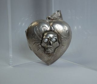 Antique Victorian Silver Locket Pendant - Heart - W Memento Mori Skull - 19th C