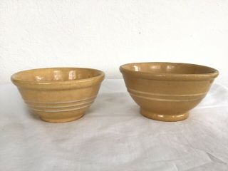 Antique Small White Banded Stoneware Yellow Ware Mixing Bowl Pair Brush Mccoy