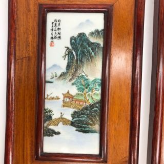 Vintage Pair Chinese Painted Porcelain Tile Plaque Wood Frame Signed Stamped