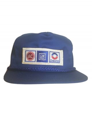 Vintage Gm Ac Delco General Motors Patch Mens Trucker Hat Cap Snapback Blue 80s