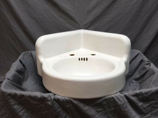 Antique Cast Iron White Porcelain Corner Sink Vintage Bathroom Old 435 - 18e