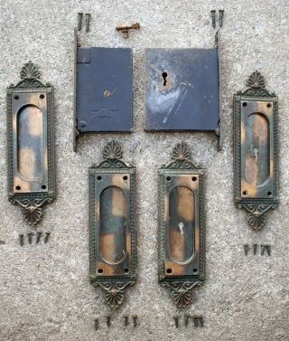 Antique Vintage Old Bronze Pocket Door Lock Lockset Plates Pulls Hardware Key