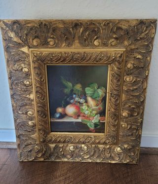 Vintage Oil On Canvas Painting Fruit Still Life Antique Gold Gilt Ornate Frame