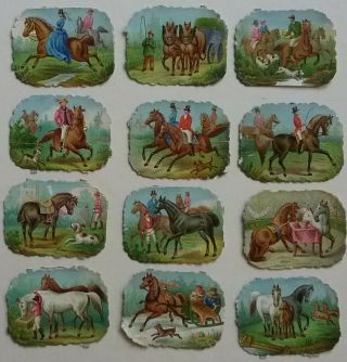 12 Good Antique Embos Chromo Victorian Miniature Scraps.  Horses.  Each 3x2cms