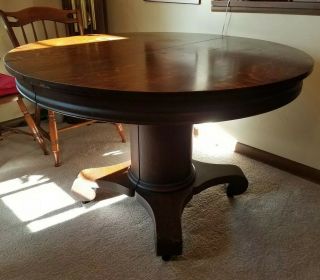 Vintage Solid Oak Dining Table On Four Leg Pedestal 45” Round Or 65” Oval
