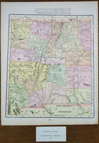 Vintage 1901 Mexico Map 11 " X14 " Old Antique Alamogordo Santa Fe Nm