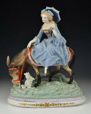 Antique Letu & Mauger French Bisque Porcelain Group Figurine Lady Donkey And Dog