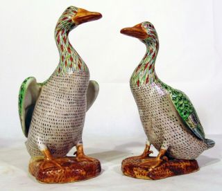 Pair Chinese Export Multi - Color Famille Rose Porcelain Ducks Figures 10 "