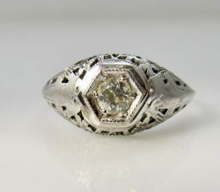Vintage Antique Diamond Ring 14k White Gold Filigree Engagement Cocktail