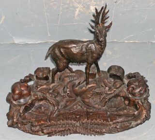 Antique Black Forest Carved Wood Double Inkwell Inkstand Figural Deer Forest 13 "