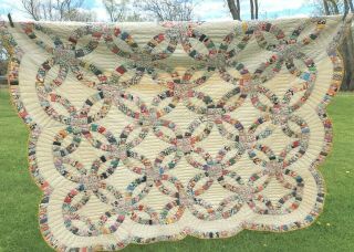 Vintage Hand Sewn Wedding Ring Quilt 86 " X 82 " Gold Multi - Color