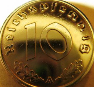 German 10 Reichspfennig 1938 - Gold Coloured - Coin Third Reich - WWII - Antique Vintage 2