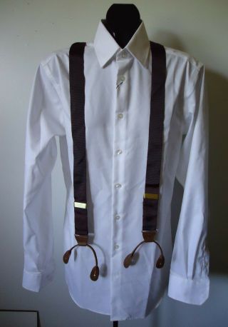 Euc Vtg 80s Mens 1.  5 " Ribbon Suspenders Button Braces Leather Trim Perry Ellis