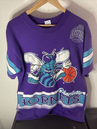 Vintage 90’s Charlotte Hornets T - Shirt All Over Double Sided Print Salem Size L