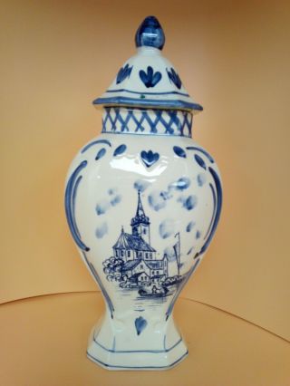 Delft Blue/white Antique Hand Painted Porcelain Vase Jar With Lid