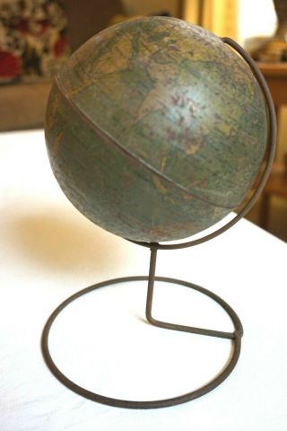Vintage Tin Litho Small World Globe On Wire Stand Made In Usa