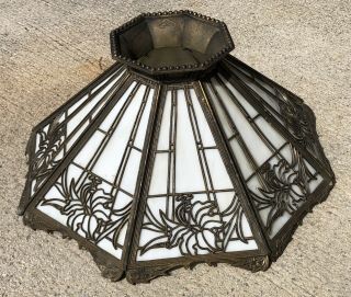 Antique Signed Bradley & Hubbard 8 Panel Slag Glass Floral Table Lamp Deco Shade