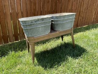Vintage Double Basin Wash Tub Stand Metal Galvanized Rustic Planter Mid Century