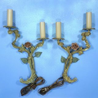 2 Antique German Enamel Painted Cast Iron Wall Sconces Roses Us Electrical C1920