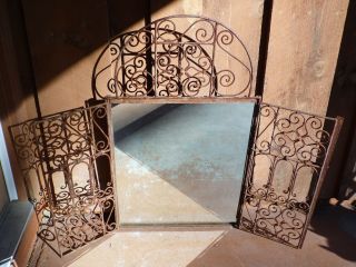 Vintage Trifold Triptych Wrought Iron Gate Mirror Distressed Arched Mirror
