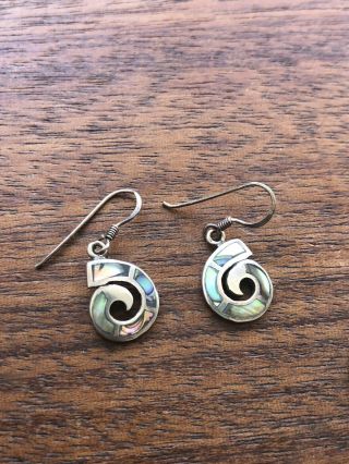 Vintage Antique Mexican Sterling Silver Swirl 925 Abalone Dangle Earrings