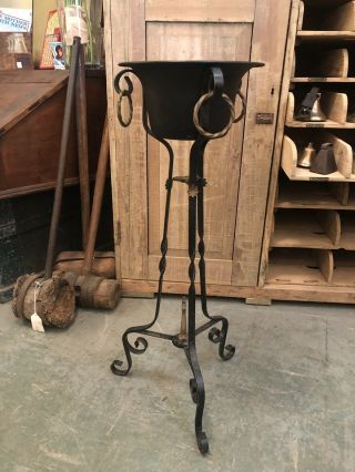 Hand Forged Wrought Iron Tripod Plant Stand With Gilt Decor Details