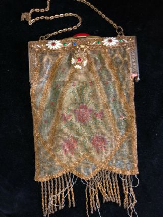 Fine Antique Bag Fully Micro Beaded Purse Gold Silver Metal Frame