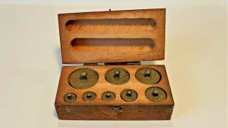 8 Antique Austro Hungarian Brass Balance Scale Weights In Wooden Box