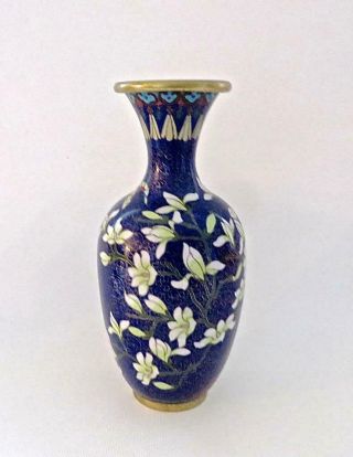 Antique Cloisonne Vase Deep Blue Field With White Flowers & Bronze Rim