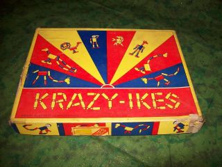 Vtg 40s 50s Wooden Krazy Ikes Animal Building Play Set Antique Kids Toy W/ Box