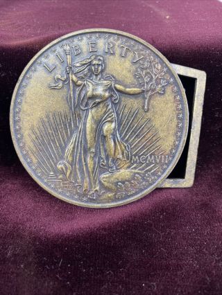 Vintage Lady Liberty Brass Belt Buckle Patriotic Usa Round Coin Large Big Mcmvii