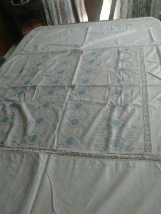 Vintage Linen/cotton/ Lace Hand Embroidered Tablecloth 76 X 76 Gorgeous