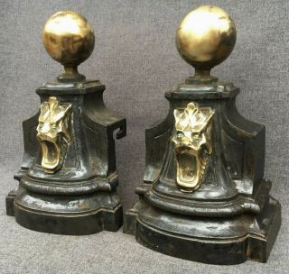 Large Antique Of French Andirons 19th Century Cast Iron And Brass Chimeras Lion