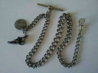 Vintage Watch Chain With T Bar,  Dog Clip,  1931 Silver Coin & A Hob Nail Boot