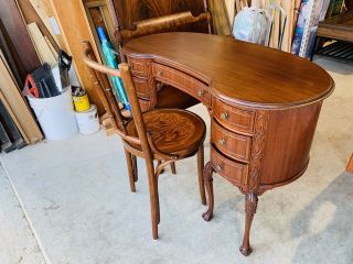 Antique Mahogany Carved Kidney Shaped Executive Desk W/ Chair L@@K 3