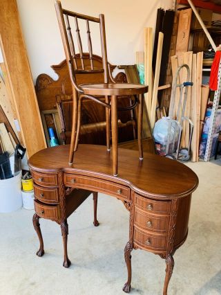 Antique Mahogany Carved Kidney Shaped Executive Desk W/ Chair L@@K 5