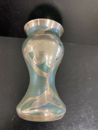 Sterling Silver Overlay Green Glass Antique Art Nouveau Vase Loetz Iridescent