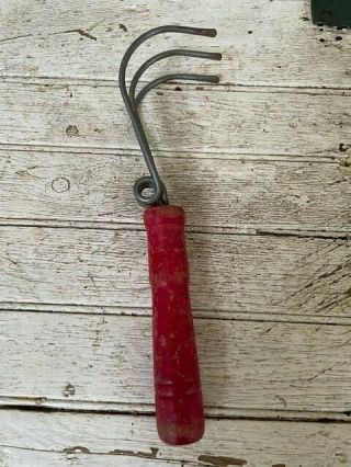 Antique Red Wood Handle & Coil Garden Hand Cultivator Tool
