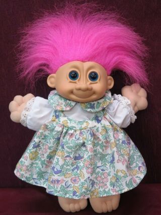 Vintage Russ Berrie 11 " Troll Plush Soft Body Girl Doll Floral Dress Pink Hair