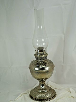 Antique Oil Lamp Nickle metal Bradley & Hubbard B & H plain font decorated base 2
