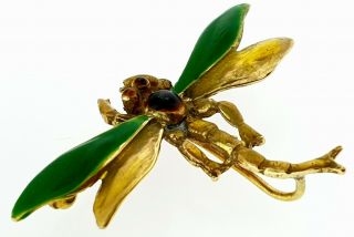 14k Solid Yellow Gold & Multi - Color Enamel Dragonfly Pin Brooch 4 Grams Estate