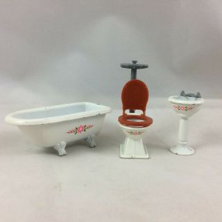 Vtg Mattel Dollhouse Miniatures Metal Bathroom Set 1980 Toilet Bathub Sink