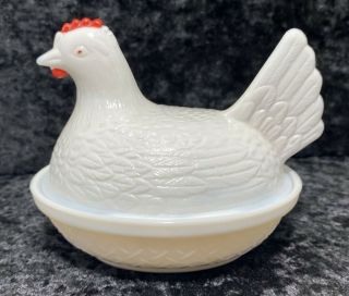 Indiana Glass Hen On Nest White Milk Glass Red Comb Covered Dish Vintage 3 7/8 " H