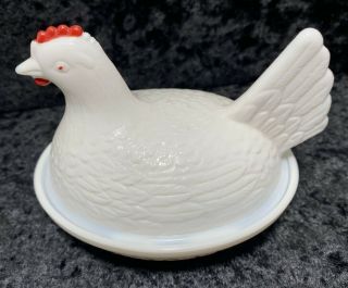 Indiana Glass Hen on Nest White Milk Glass Red Comb Covered Dish Vintage 3 7/8 