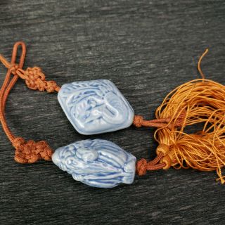 Unusual Rare Chinese Porcelain Blue Beads Figural Buddha? Confucius? Peacock