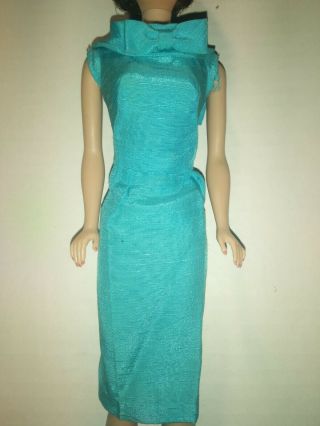 Vintage 1962 Barbie Silk Sheath Pak Turquoise Blue Dress With Bow -