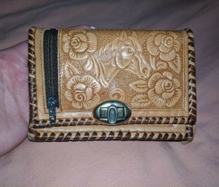 Vintage Mexican Tooled Tan Leather Wallet Bifold Coin Purse W/ Mirror,  Western