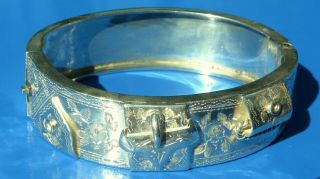Rare Antique Victorian Hand Engraved Solid Silver Buckle Bangle