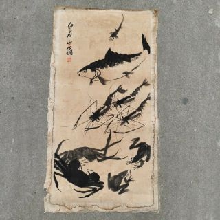 Old Chinese Scroll Painting Hand Painted " Qi Baishi Fish Shrim Shrimp " Slice